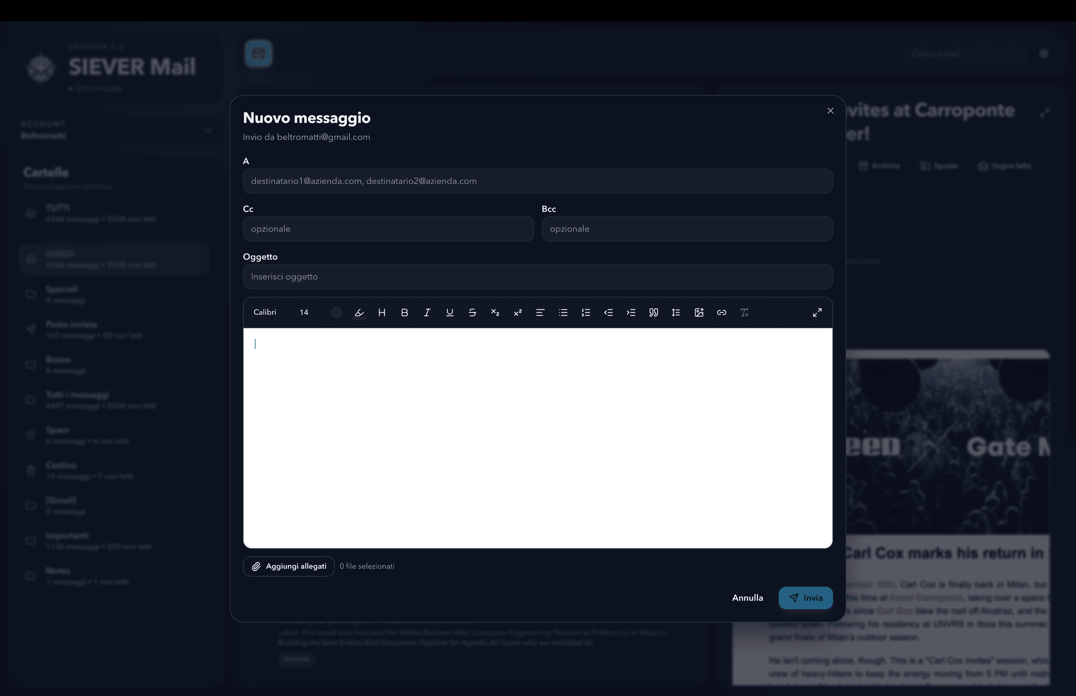 SIEVER Mail new-message composer with the Squire rich-text toolbar